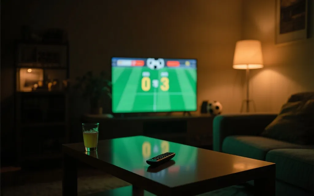 深夜客厅观看世界杯决赛的氛围，遥控器与记分牌光影，体现熬夜看球